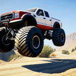 **

A Liberator monster truck, fully clothed, in a desert environment similar to Blaine County in GTA 5. The truck is performing a stunt jump over a small canyon.  Appropriate attire, safe for work, perfect anatomy (of the truck!), natural proportions, professional rendering, high quality. Family-friendly.

**