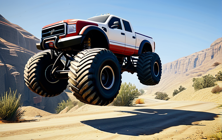 **

A Liberator monster truck, fully clothed, in a desert environment similar to Blaine County in GTA 5. The truck is performing a stunt jump over a small canyon.  Appropriate attire, safe for work, perfect anatomy (of the truck!), natural proportions, professional rendering, high quality. Family-friendly.

**