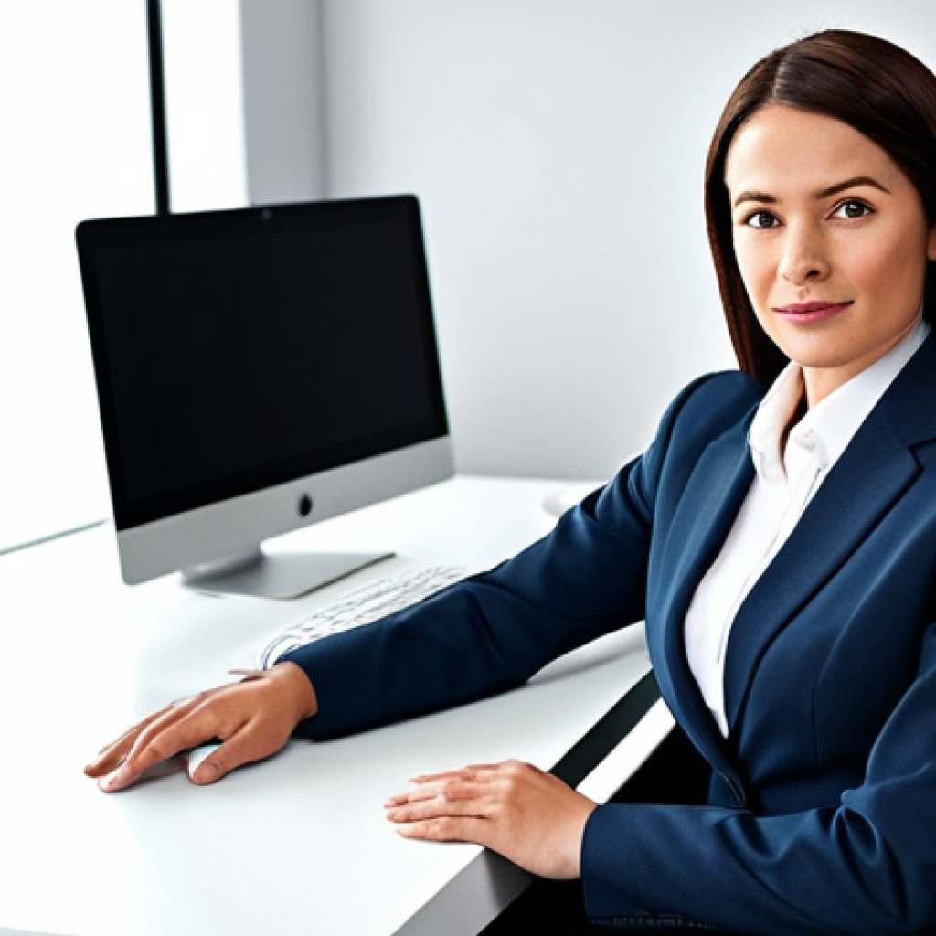 GTA5 멀티플레이어 사운드 설정법 - A professional businesswoman in a modest business suit, sitting at a desk in a modern office, fully ...