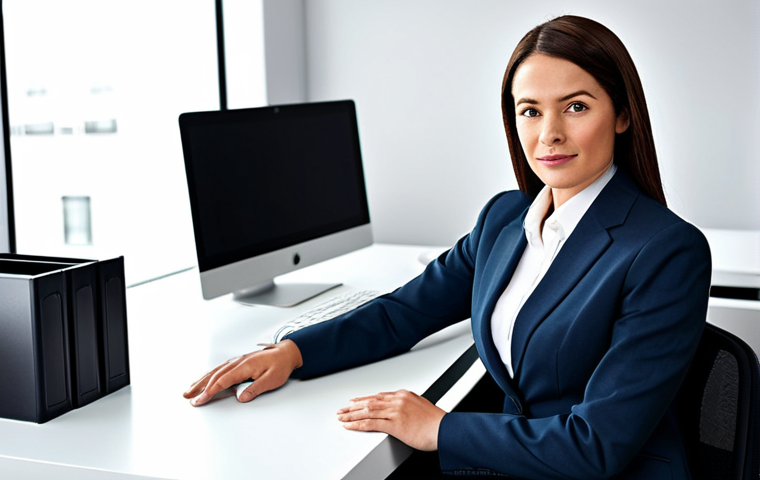 GTA5 멀티플레이어 사운드 설정법 - A professional businesswoman in a modest business suit, sitting at a desk in a modern office, fully ...