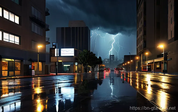 GTA5 게임 내 날씨 변화 이해하기 - **Prompt 1: Thunderstorm in Downtown Los Santos**
    "A dramatic, cinematic shot of downtown Los Sa...