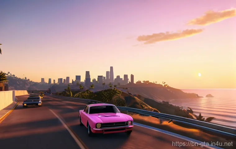 GTA5 게임 내 날씨 변화 이해하기 - **Prompt 2: Dense Fog on a Los Santos Highway at Night**
    "An atmospheric, low-angle shot of a mu...