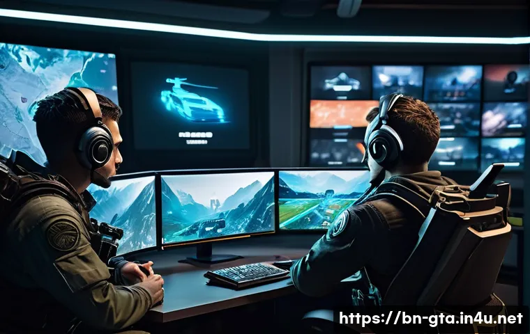 GTA5 온라인 스쿼드 결성법 - A dynamic and diverse gaming squad gathered in a high-tech virtual command room, featuring distinct ...