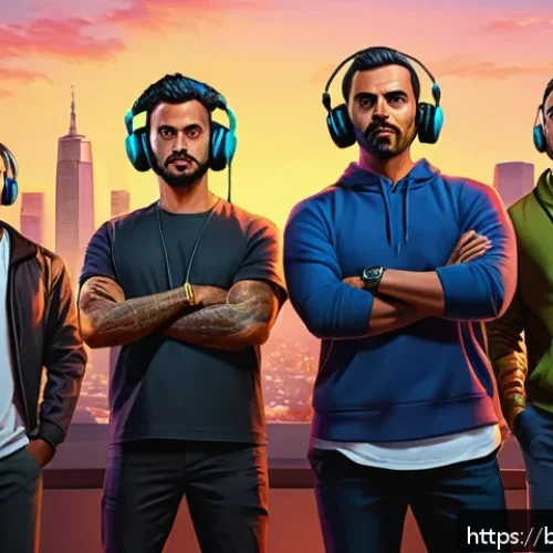 Home 33 GTA5 온라인 게임 내 사회생활 팁 - A dynamic online gaming team strategizing together in a virtual environment, featuring diverse playe...