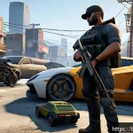 Home 20 GTA5 스토리모드 빠르게 진행하기 - A dynamic gaming scene inspired by GTA5, showing a skilled player selecting the perfect weapon loado...