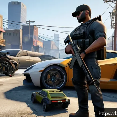 Home 32 GTA5 스토리모드 빠르게 진행하기 - A dynamic gaming scene inspired by GTA5, showing a skilled player selecting the perfect weapon loado...