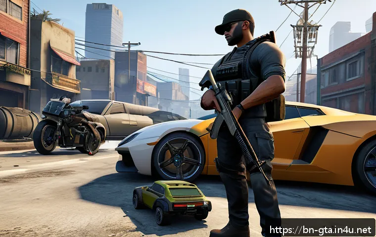 GTA5 스토리모드 빠르게 진행하기 - A dynamic gaming scene inspired by GTA5, showing a skilled player selecting the perfect weapon loado...
