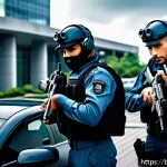 Home 18 GTA5 은행 털이 공략 - A detailed scene of a high-stakes bank robbery team preparing for their mission in an urban environm...