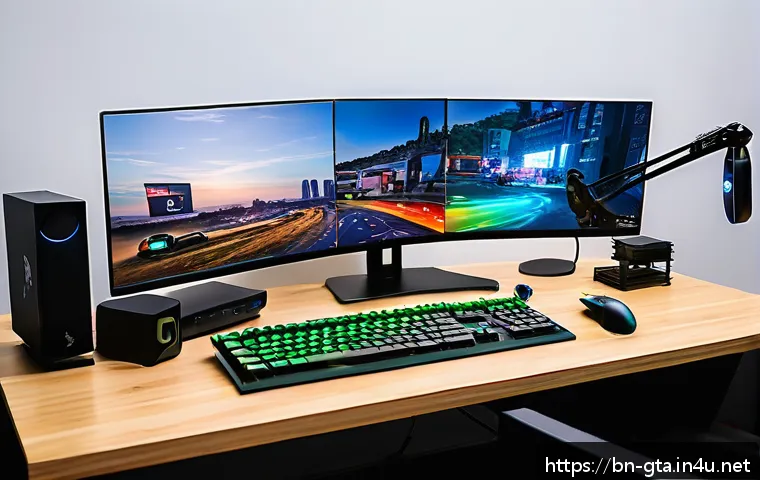 GTA5 게임 스트리밍 설정법 - A high-tech gaming streaming setup featuring a premium PC with Intel i7 processor and Nvidia RTX 306...